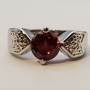 JIC Red Ruby Style Stone Women's Silver Plated Ring Ornate Band Pringed Setting